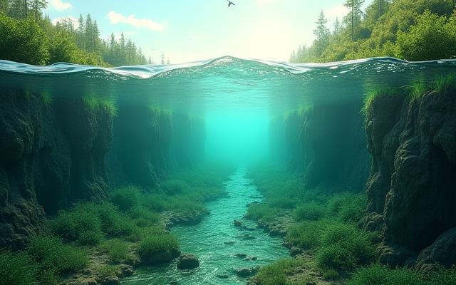 Visualisation 3D d'un écosystème fluvial dynamique et détaillé.